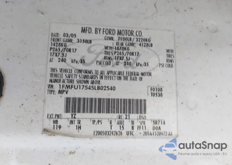 2005 Ford Expedition Eddie Bauer/King Ranch z USA, uszkodzony, nr VIN 1FMFU17545LB02540